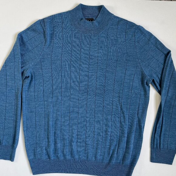Men's Jos. A. Bank Traveler Blue Ribbed Merino Wool Sweater Sz Lg Mock Neck - Picture 1 of 3